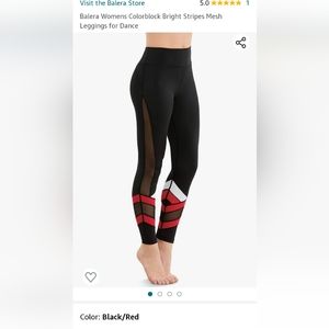 Balera Colorblock Bright Stripes Mesh Leggings for Dance BLK/Red NWOT